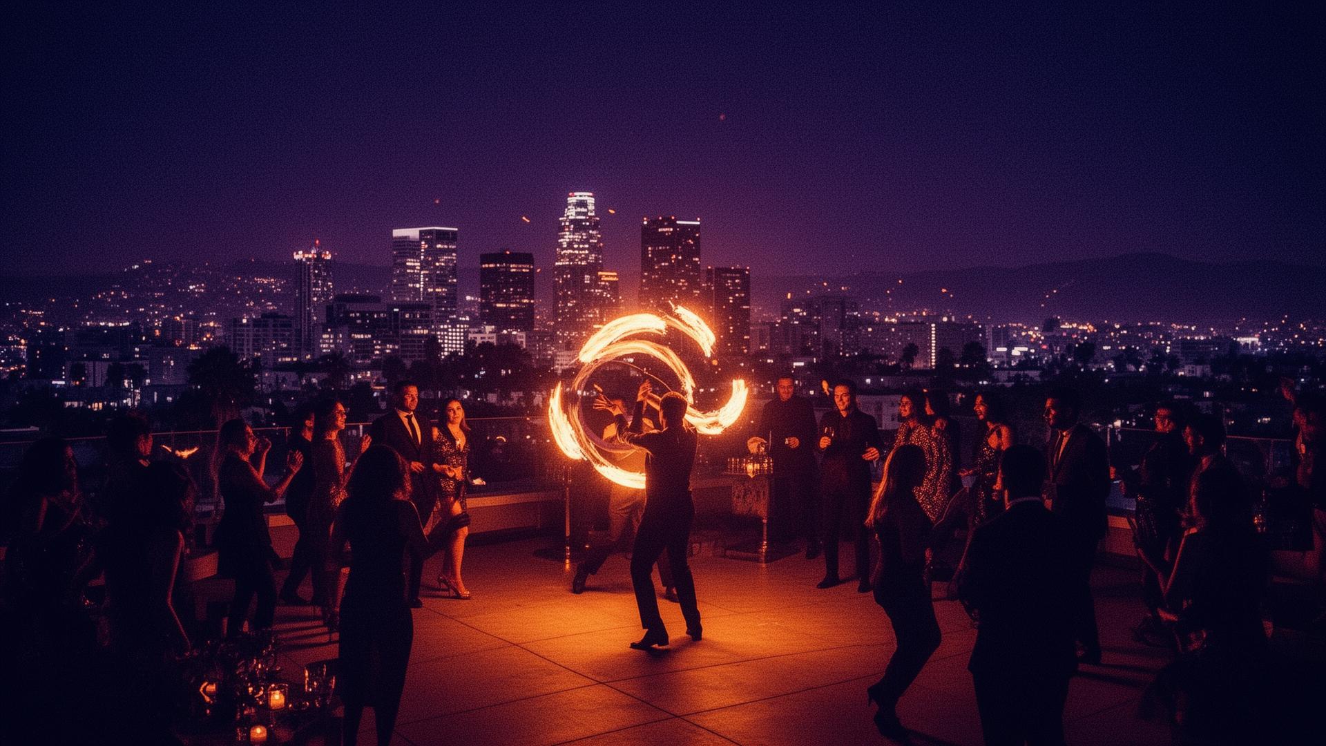 Rooftop fire performance with Los Angeles skyline